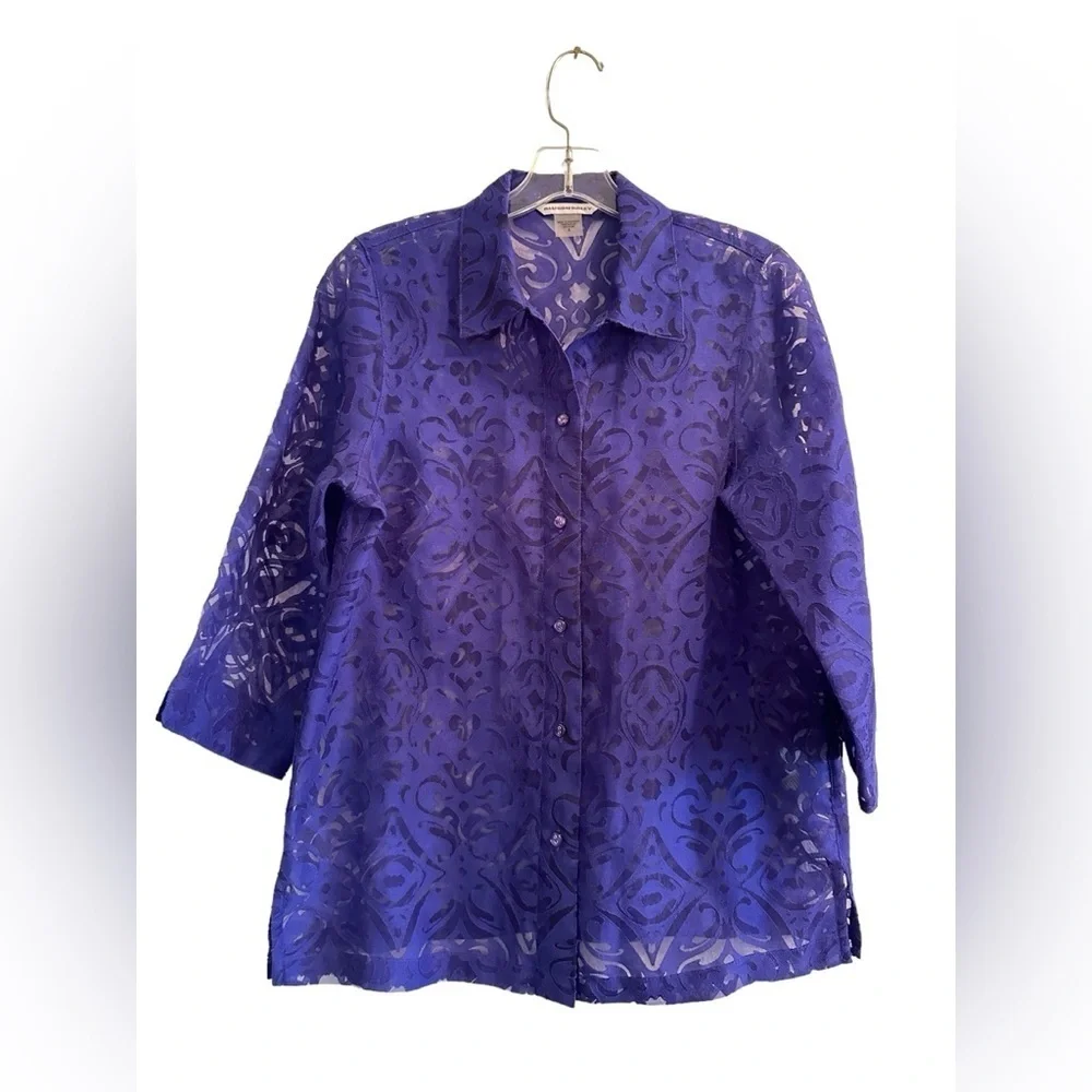 Allison Daley Deep Purple Sheer Button Down Blouse Womens 8 Lovely Summer Top - Picture 4 of 16